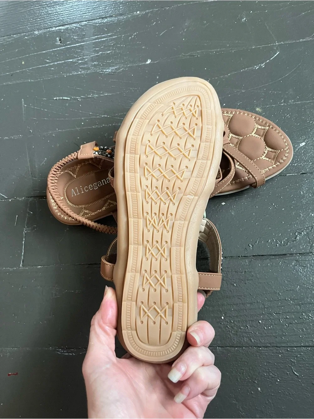 Brown Beaded T-Strap Slingback Sandals